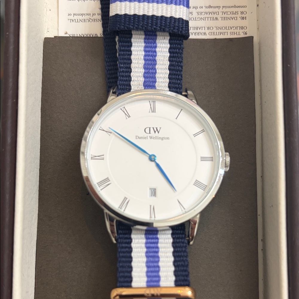 Daniel Wellington Watch with Silver Case and Blue Striped Strap